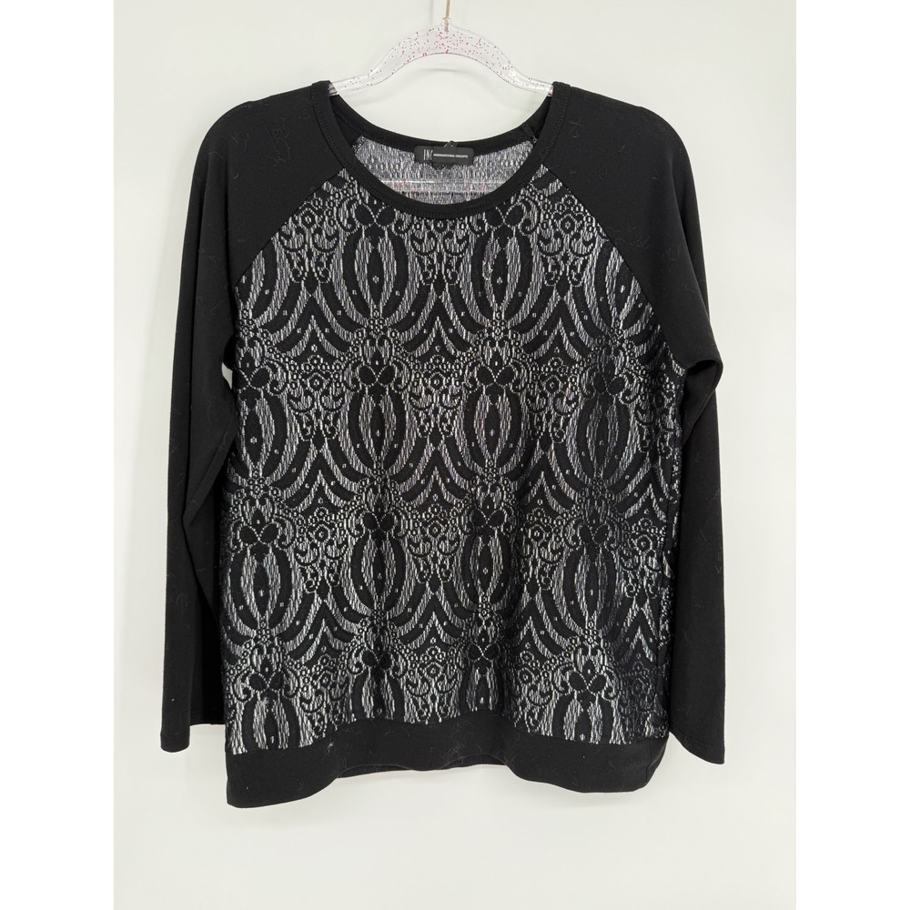 INC International Concepts Womens Black Silver Metallic Lace Raglan Top Sz L